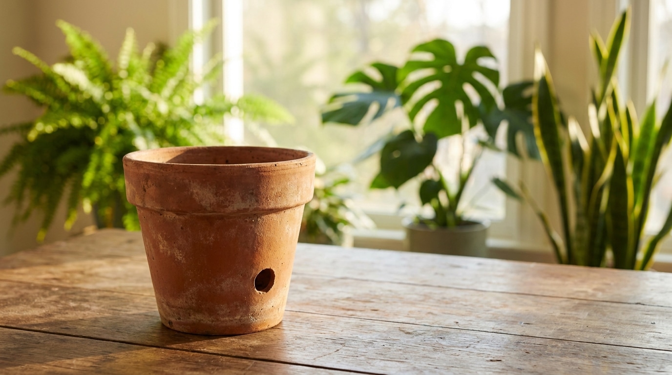 Pot en terre cuite avec trou de drainage posé sur une table en bois