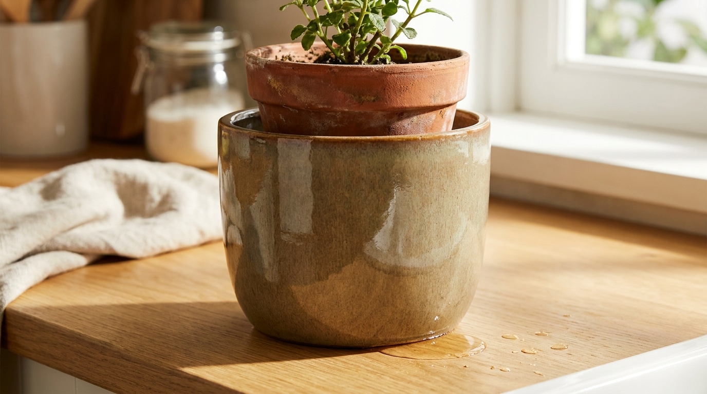 Cache-pot décoratif contenant un petit pot percé en terre cuite