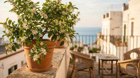 Citronnier en pot fleuri sur un balcon ensoleillé