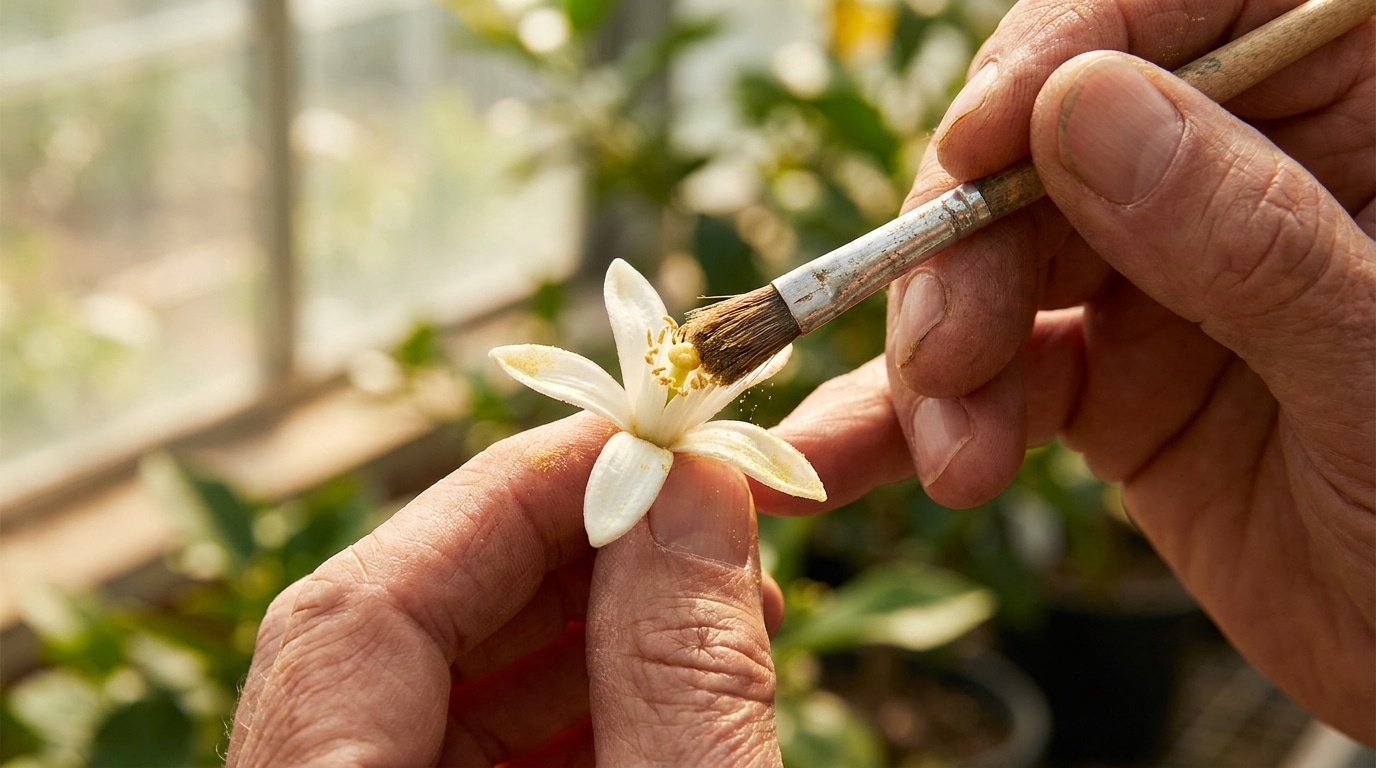 Main pollinisant une fleur de citronnier au pinceau
