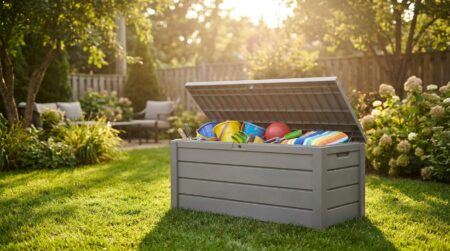Coffre de rangement gris ouvert sur une pelouse ensoleillée