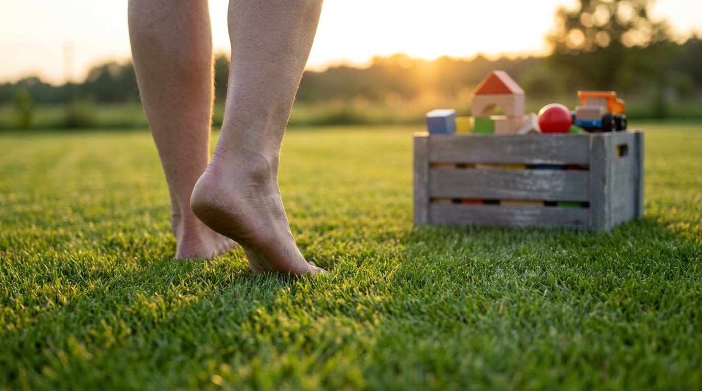 Pieds nus sur une pelouse verte parfaitement dégagée