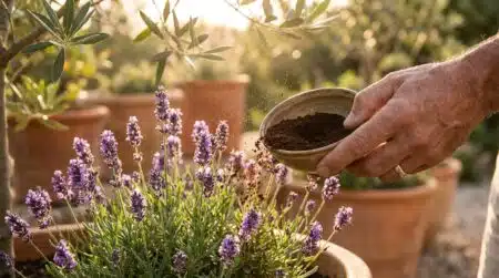 Main épandant du marc de café au pied d'une lavande en fleurs