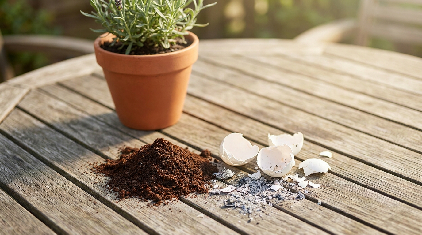 Marc de café, coquilles d'œufs et cendres sur table de jardin