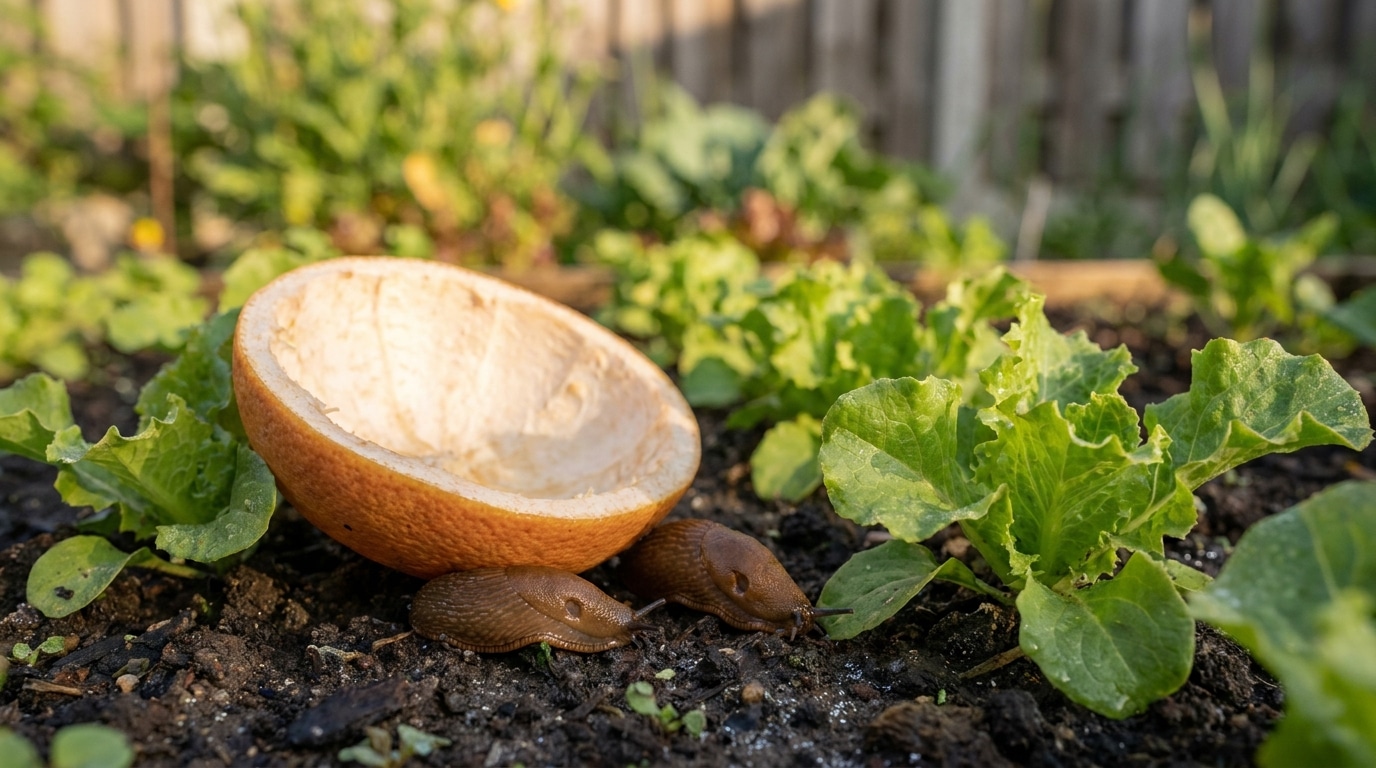 Écorce de pamplemousse retournée sur terre humide près de salades
