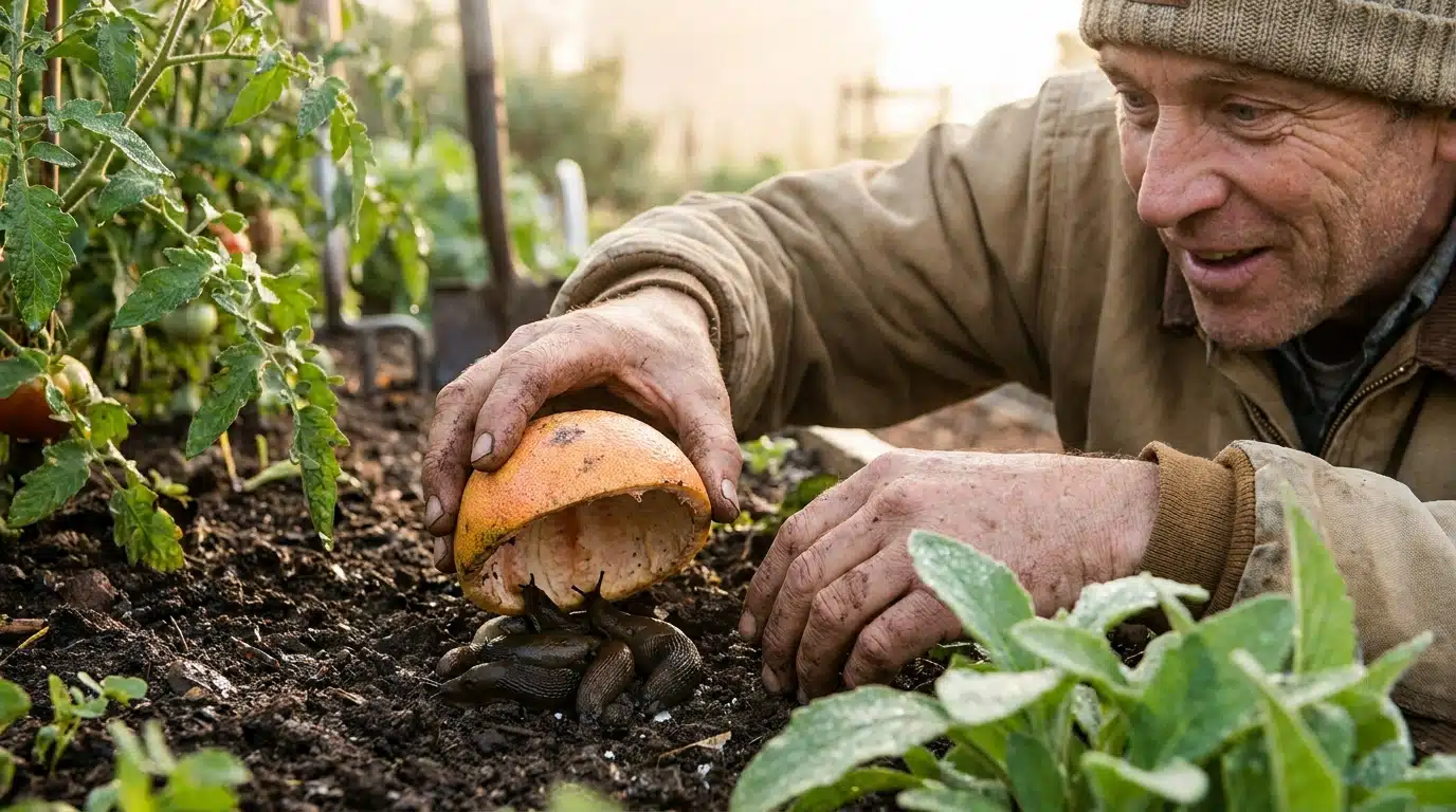 Mains soulevant une coque de pamplemousse révélant des limaces