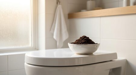 Bol de marc de café sec posé sur une cuvette blanche