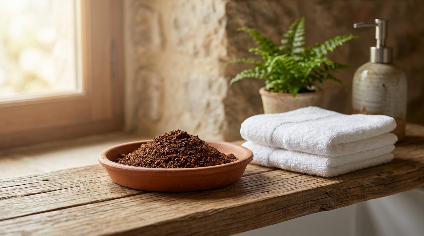 Coupelle de marc de café sur une étagère de salle de bain