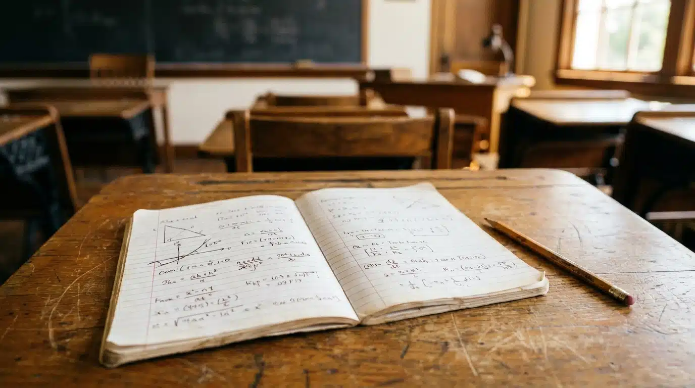 Cahier d'écolier ouvert avec des équations manuscrites sur un bureau