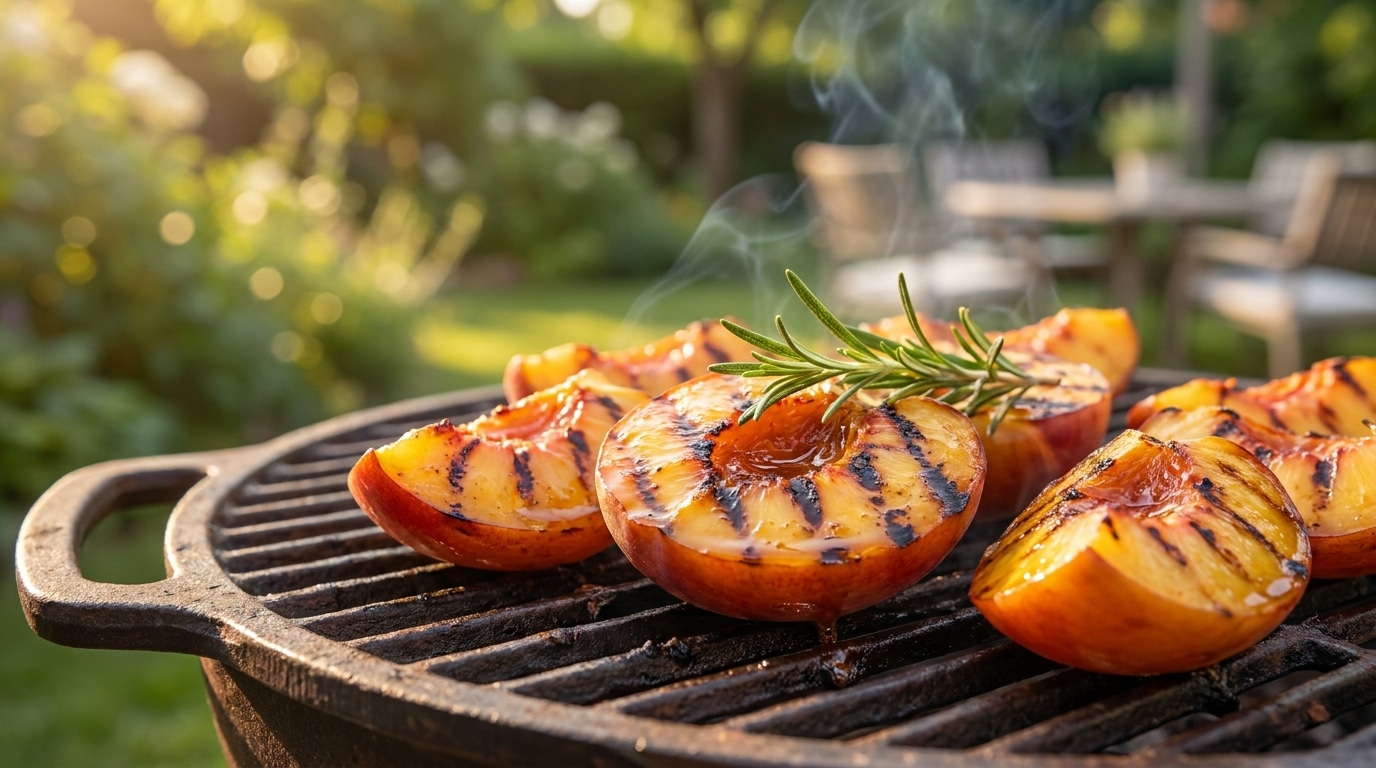 Quartiers de pêches grillées au miel sur la grille du barbecue
