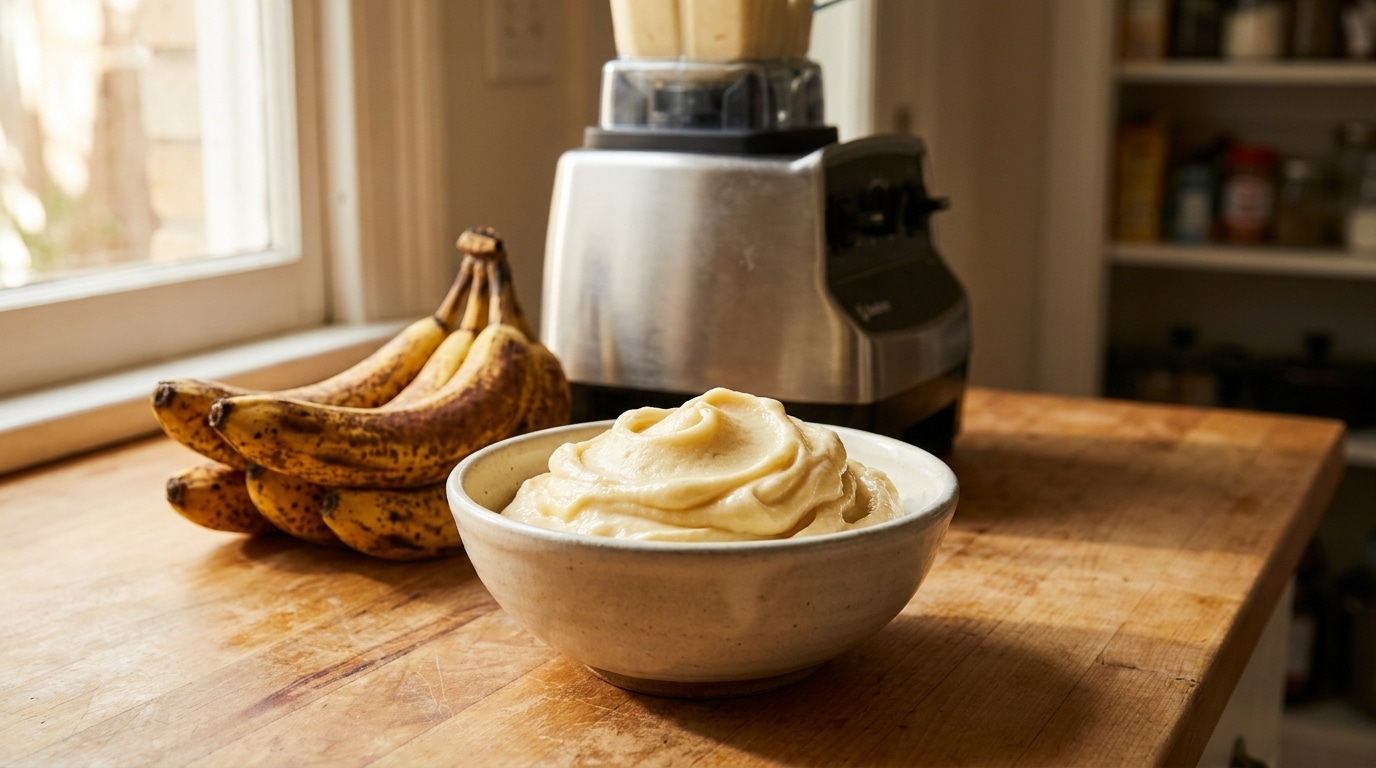Bol de nice cream à la banane avec bananes mûres et blender
