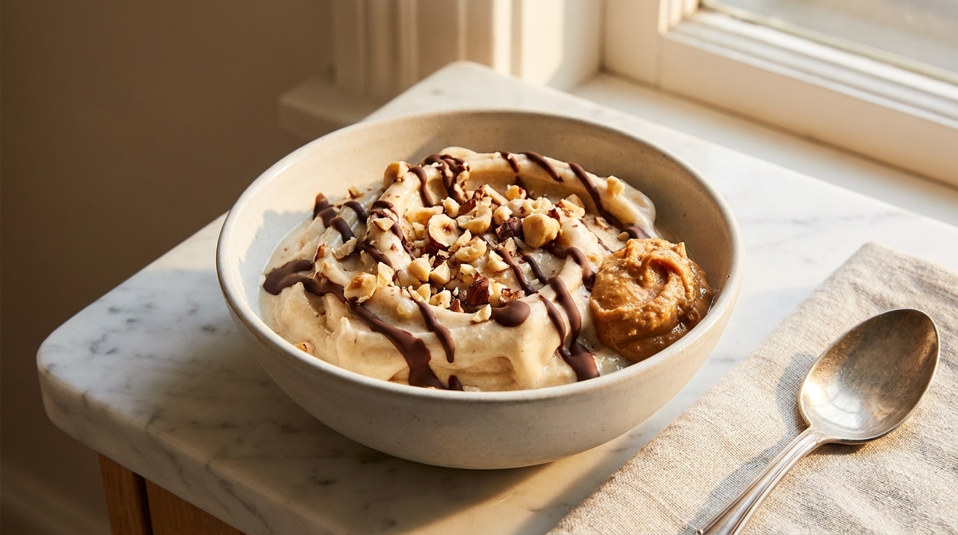 Nice cream garnie de noisettes, chocolat fondu et beurre de cacahuète