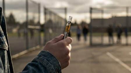 Main d'adolescent tenant une vapoteuse dans une cour d'école
