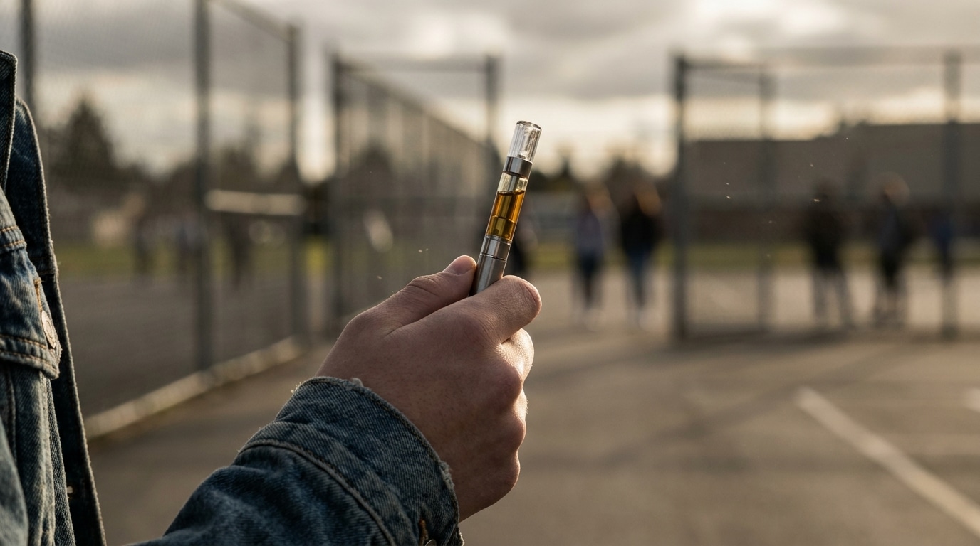 Main d'adolescent tenant une vapoteuse dans une cour d'école