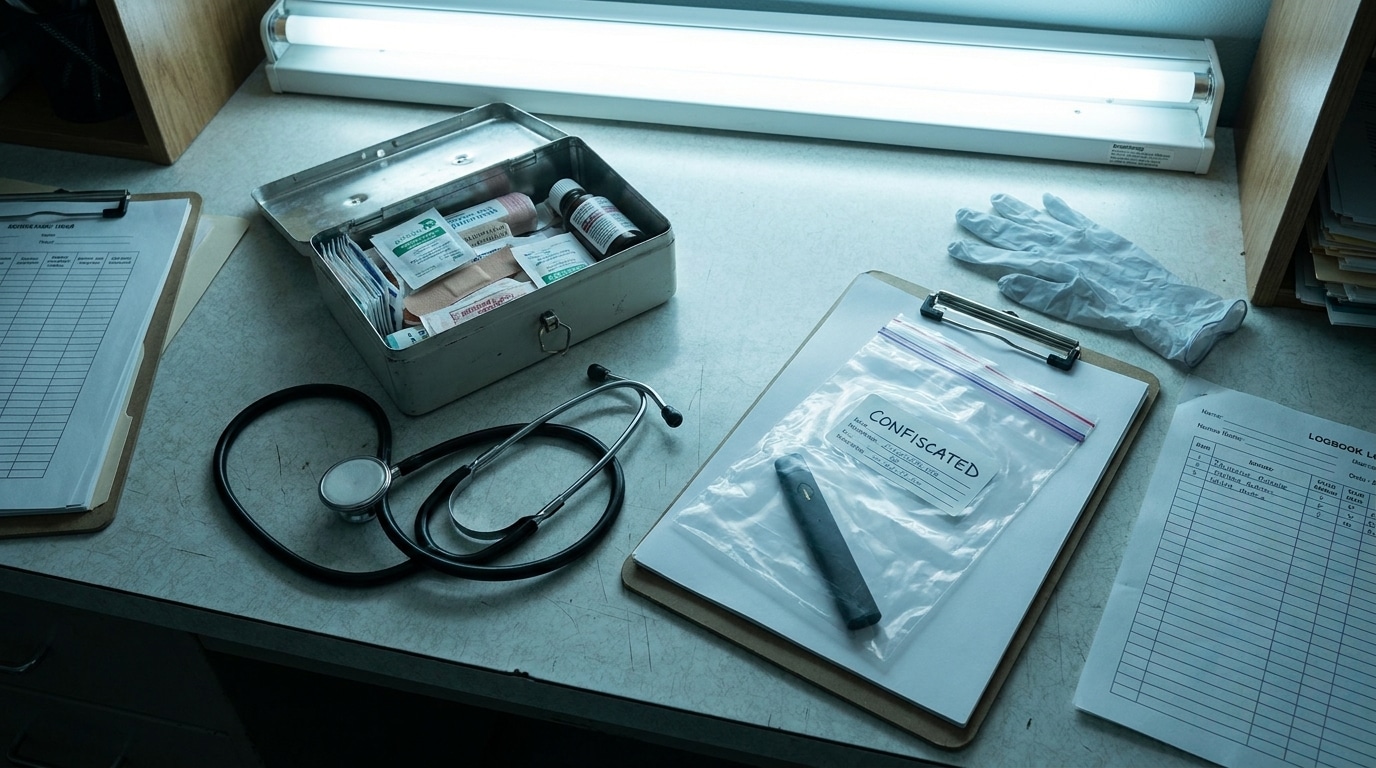 Bureau d'infirmerie scolaire avec vapoteuse confisquée et stéthoscope