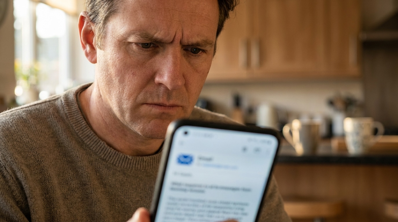 Personne inquiète regardant un e-mail suspect sur smartphone