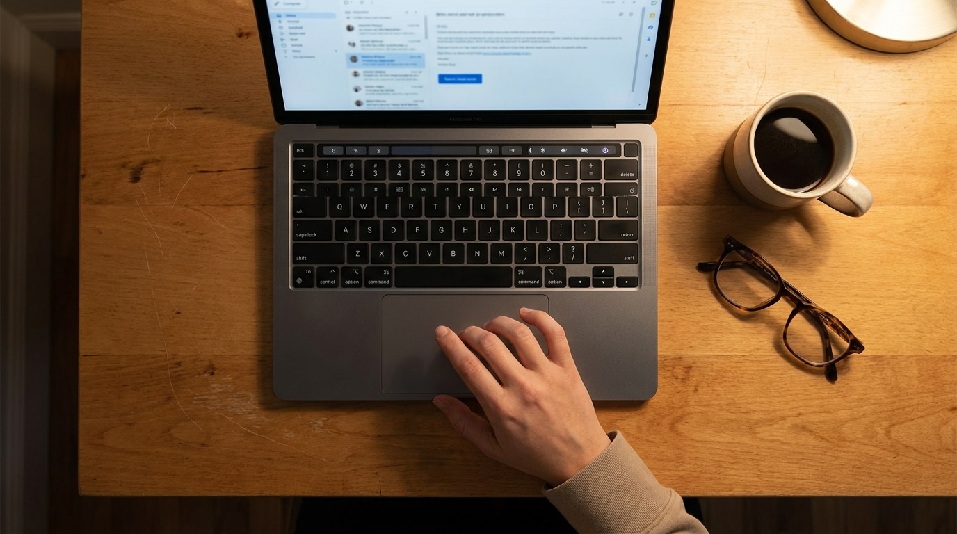 Main hésitant au-dessus d'un ordinateur affichant un e-mail