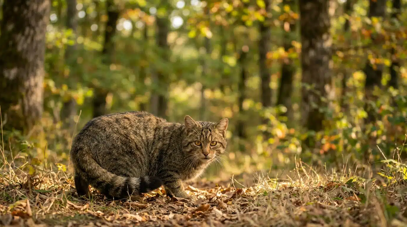 Chat forestier européen tapi en lisière de forêt