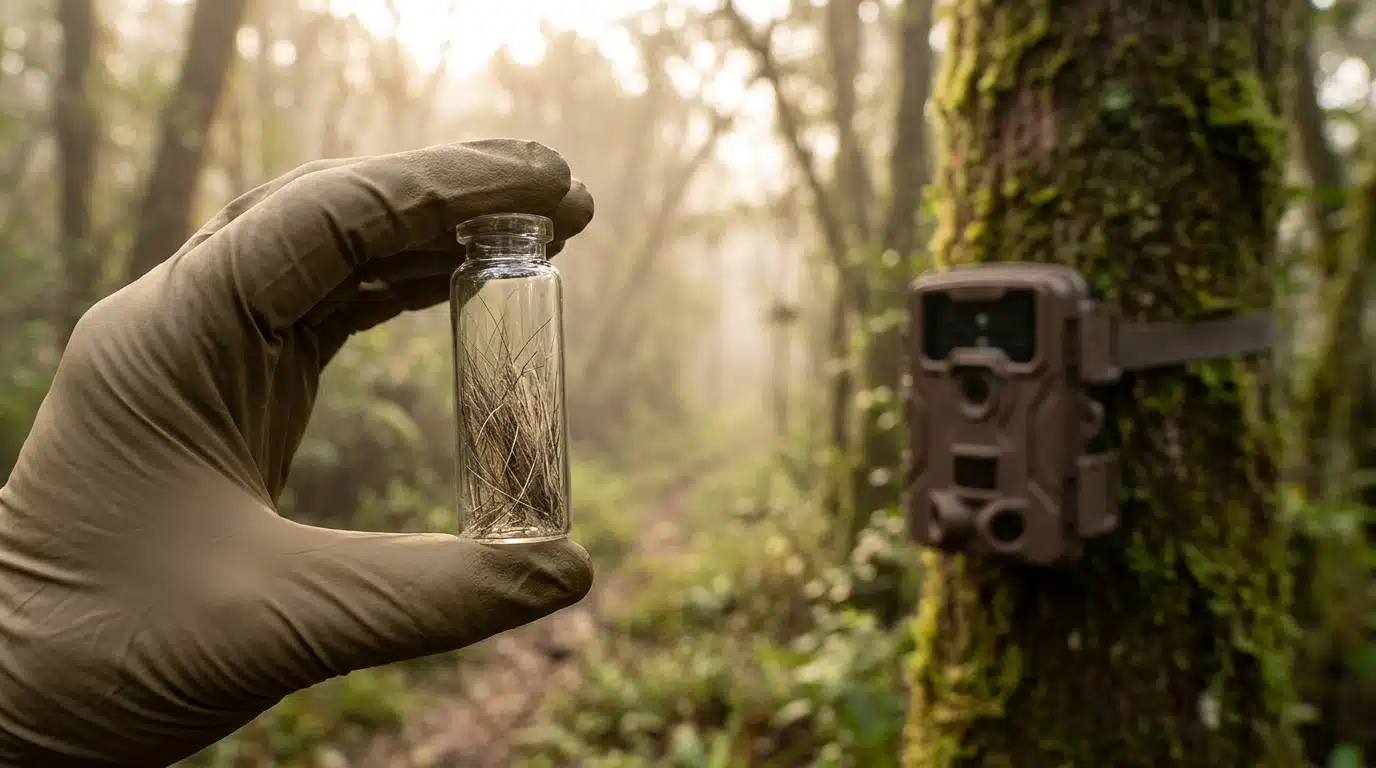 Échantillon de poils dans un tube en forêt