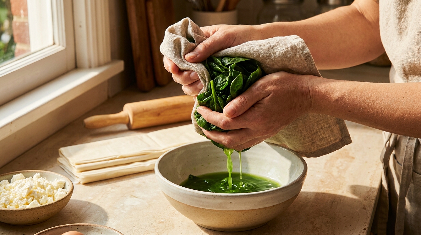 Mains pressant des épinards dans un torchon en cuisine