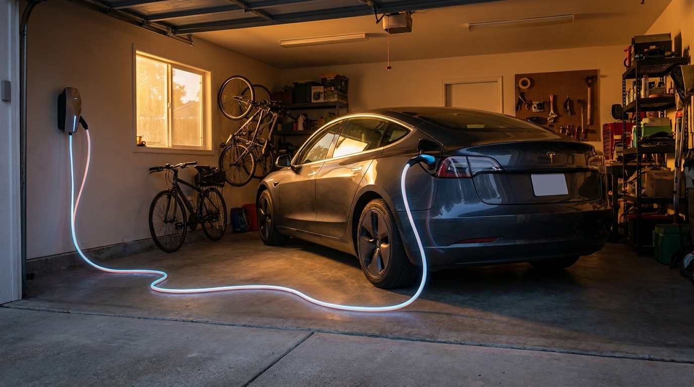Voiture électrique branchée sur une borne murale dans un garage résidentiel