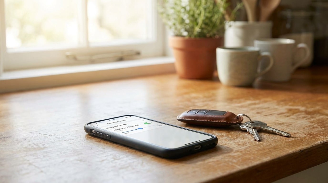 Smartphone affichant une application de recharge programmée sur un plan de travail