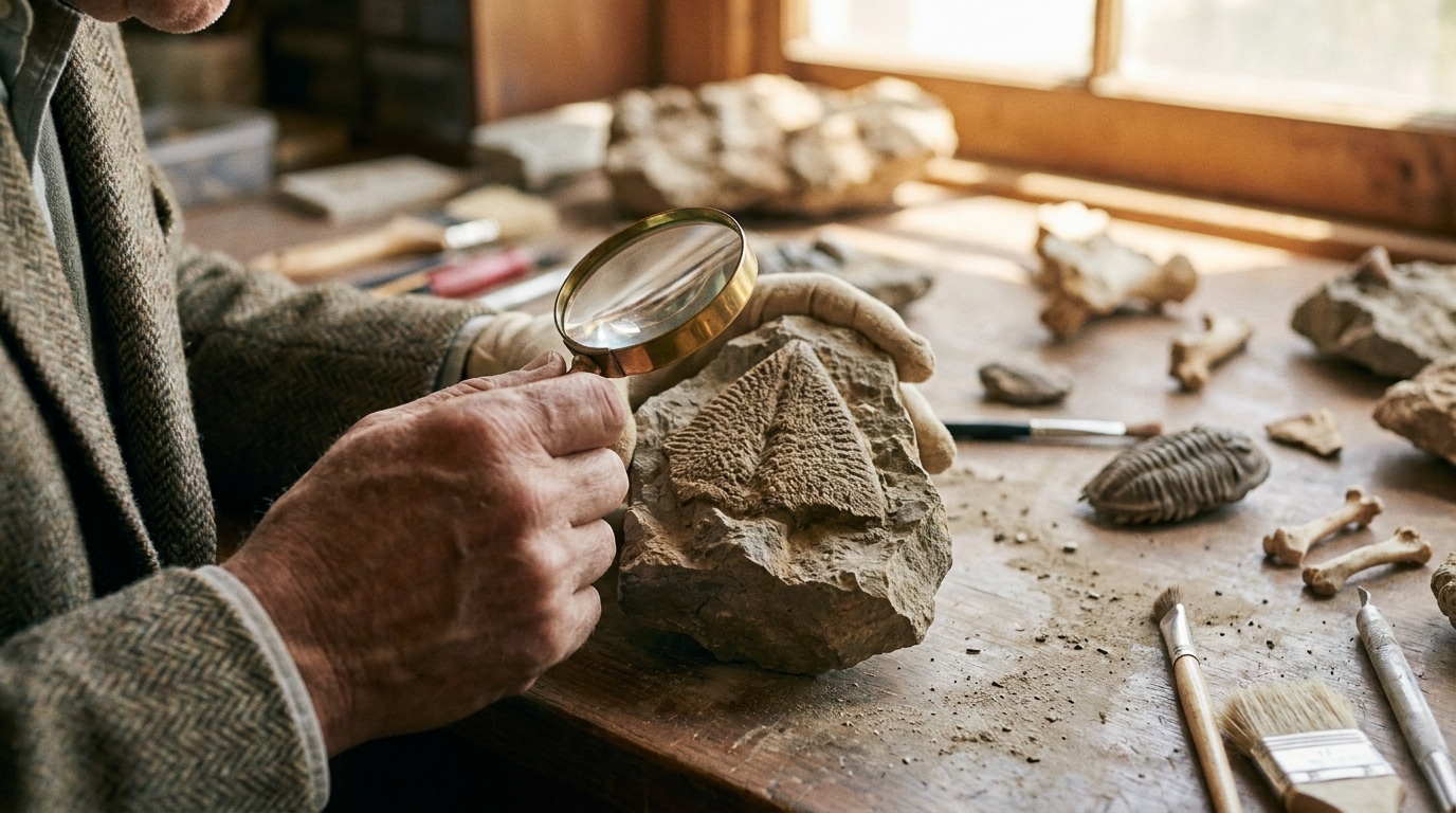 Mains de paléontologue examinant un fragment de fossile à la loupe