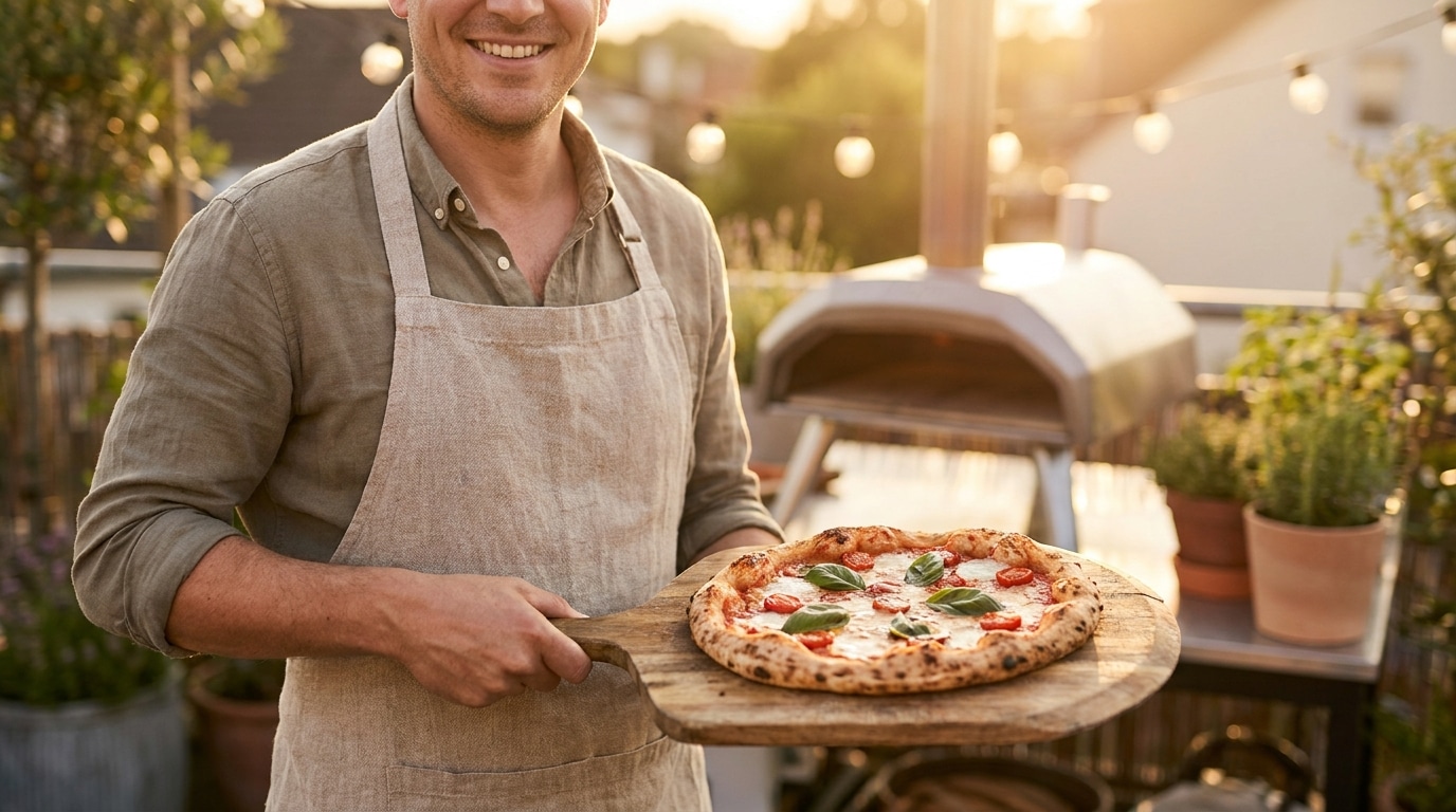 Personne souriante tenant une pizza fraîche devant un four extérieur