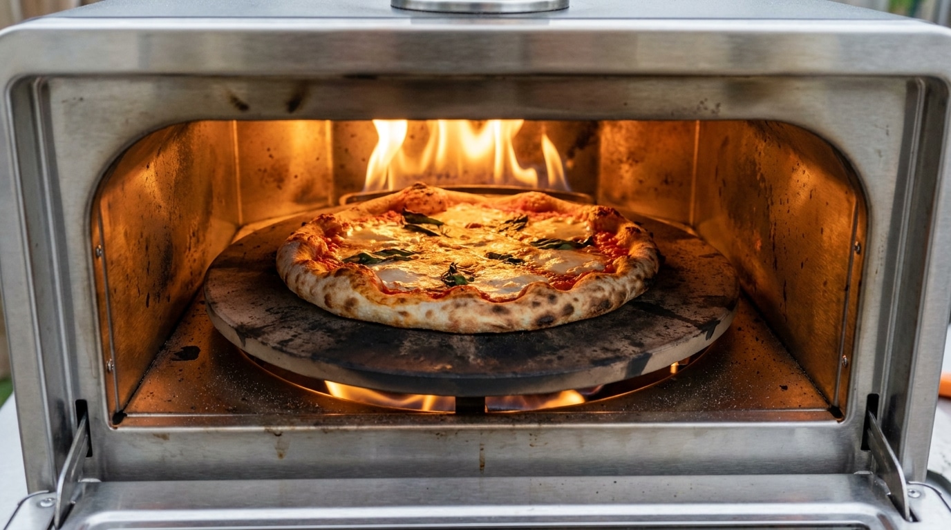Pierre rotative avec pizza en cuisson dans un four à gaz