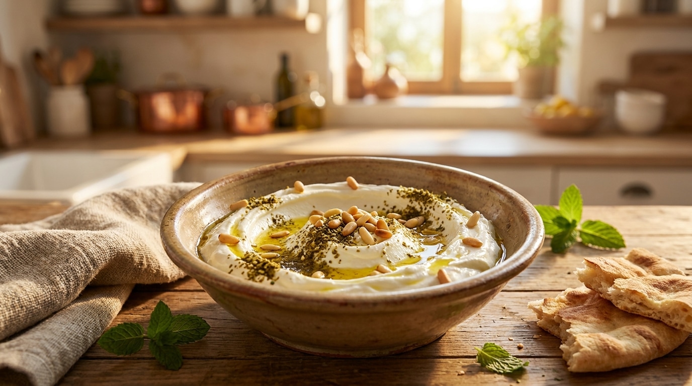 Bol de labneh garni d'huile d'olive et de zaatar