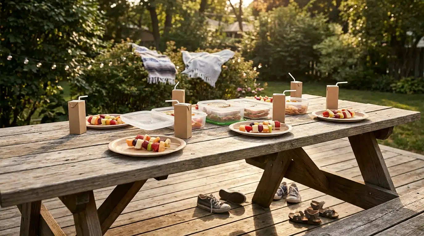 Table de jardin dressée pour un repas entre voisins