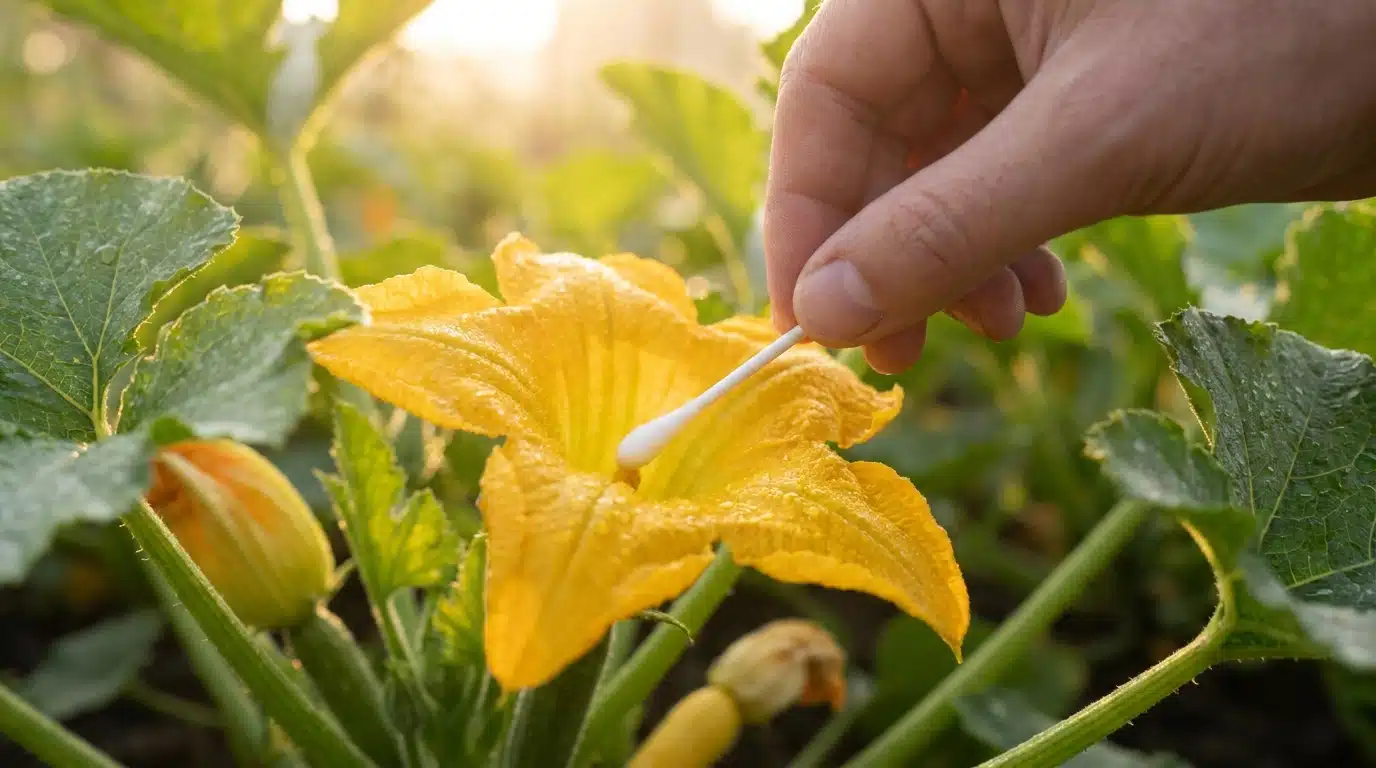 Coton-tige effleurant une fleur de courgette jaune à l'aube
