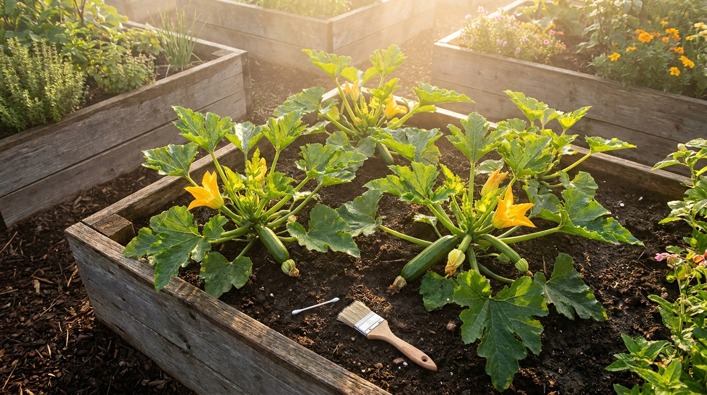 Plants de courgettes en fleurs dans un potager ensoleillé