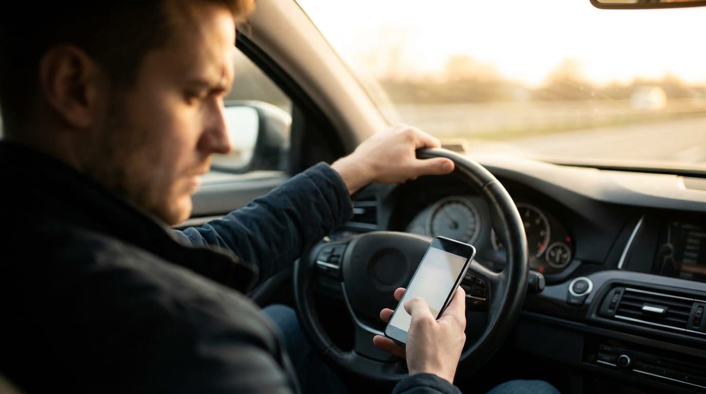 Conducteur tenant un téléphone au volant de sa voiture