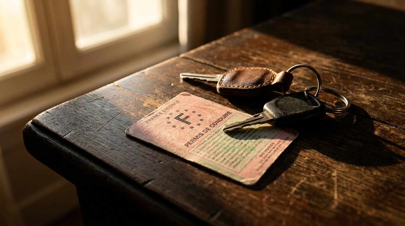 Permis de conduire français posé sur une table avec des clés