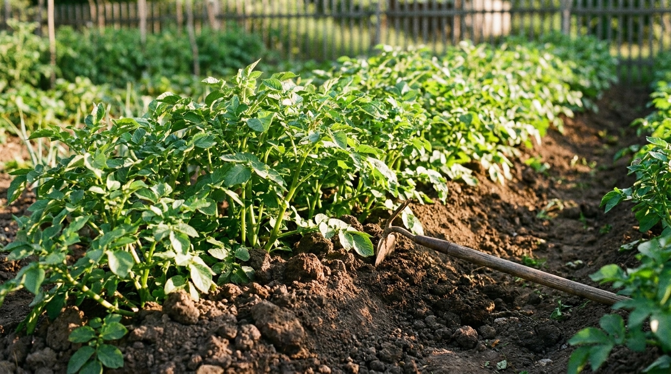 Butte de terre autour de plants de pommes de terre au potager