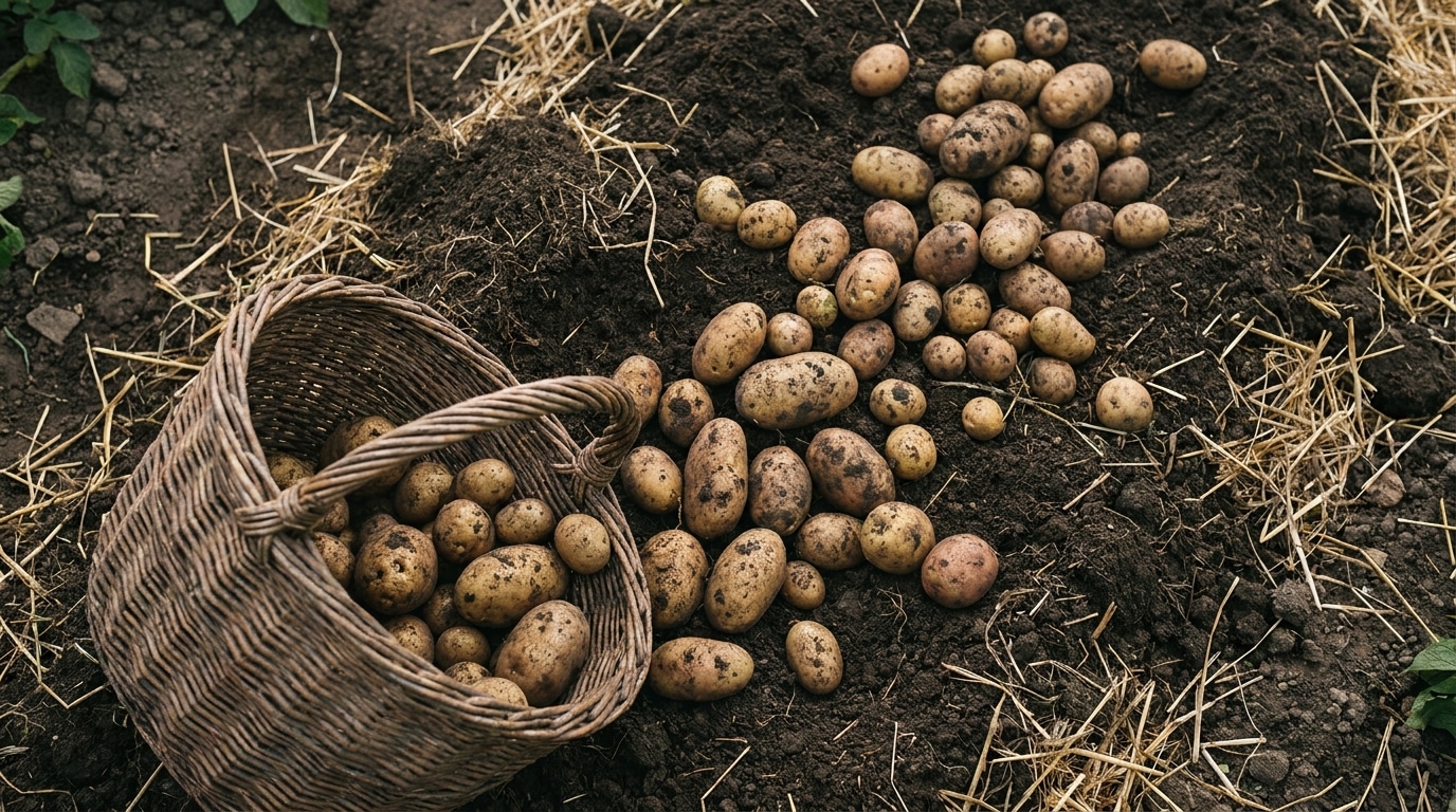 Pommes de terre fraîchement récoltées posées sur la terre du jardin