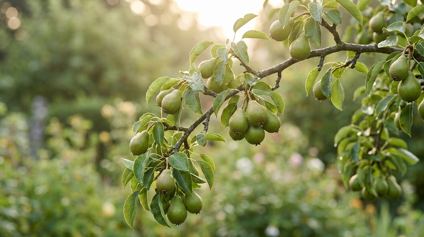 Grappe de petites poires vertes sur une branche de poirier en juin
