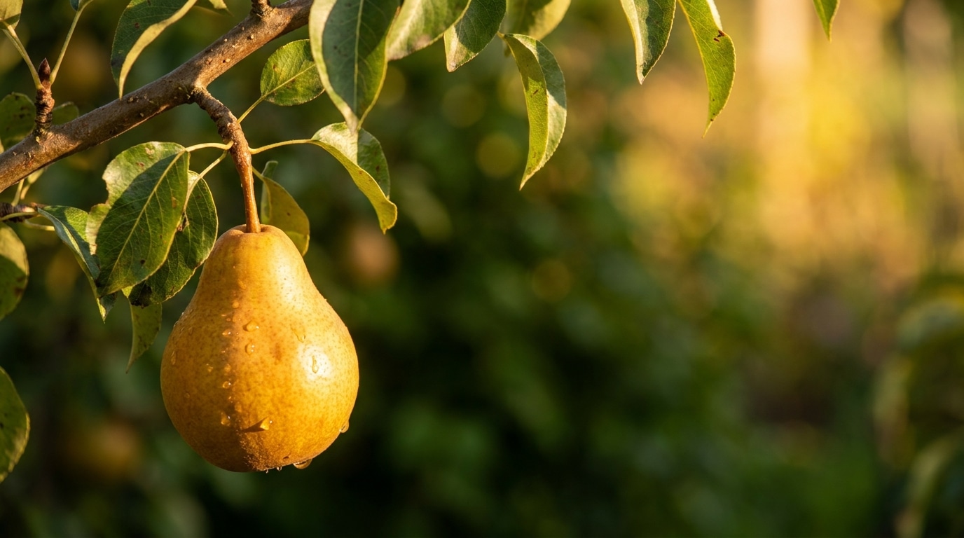 Belle poire dorée isolée sur une branche ensoleillée en été