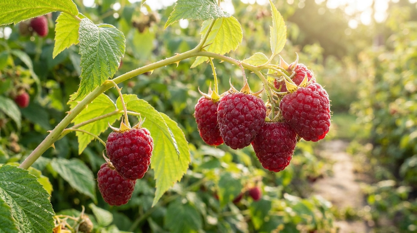 Grappes de framboises mûres sur une jeune tige verte