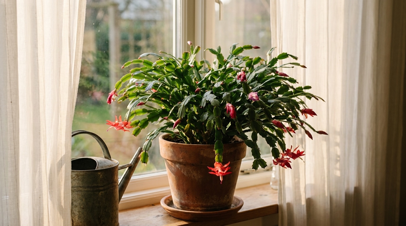 Cactus de Noël verdoyant sur un rebord de fenêtre ensoleillé