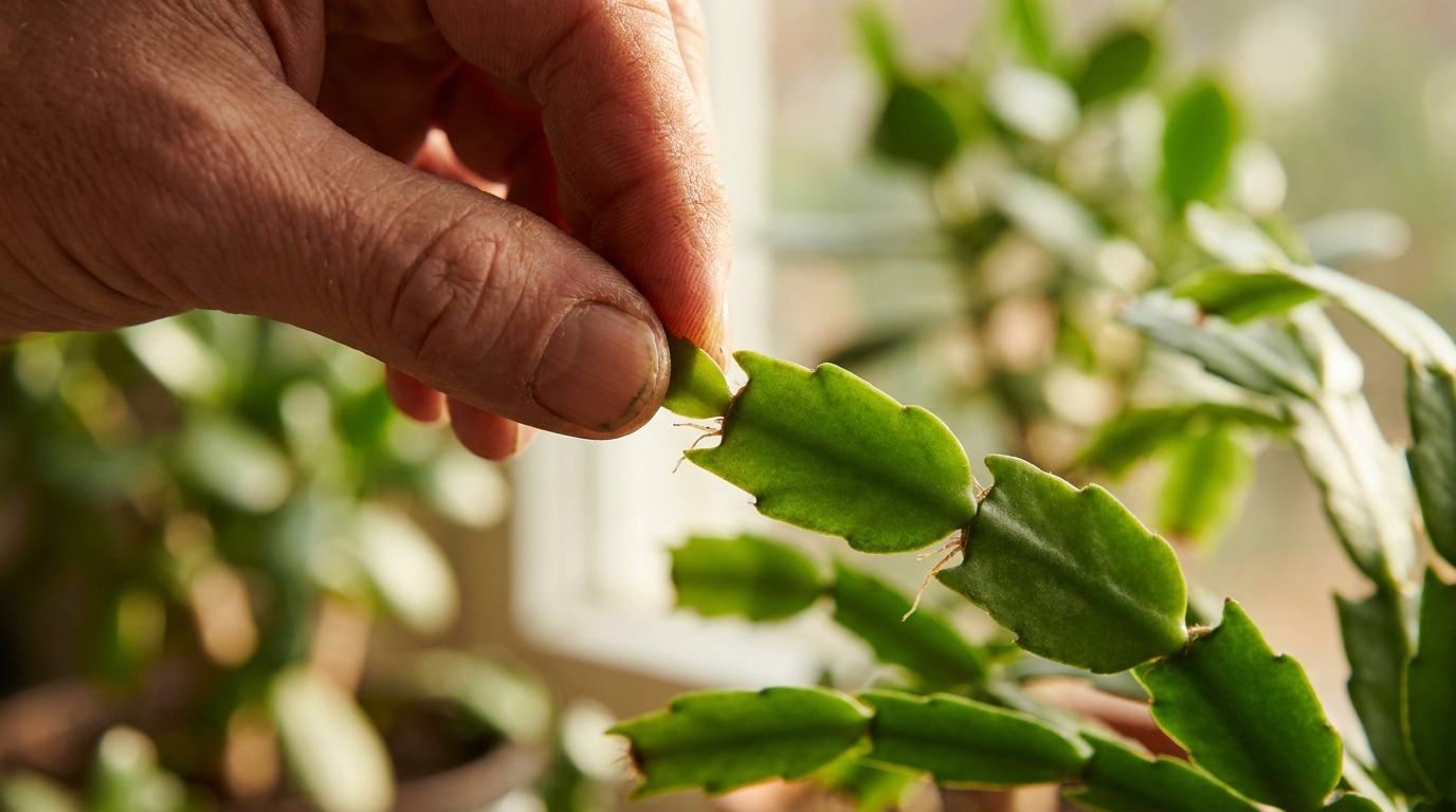 Pincement d'un segment de cactus de Noël pour favoriser la ramification