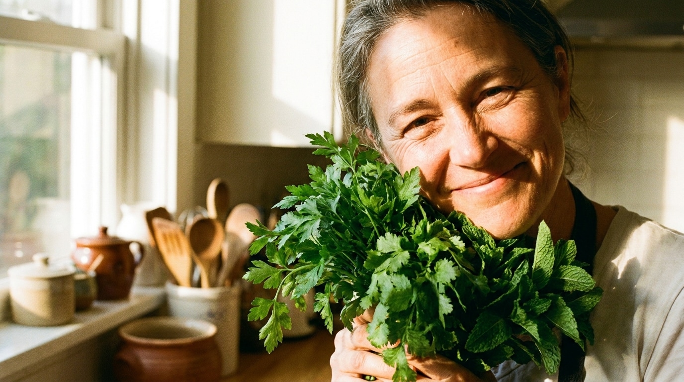 Personne souriante tenant des herbes fraîches en cuisine