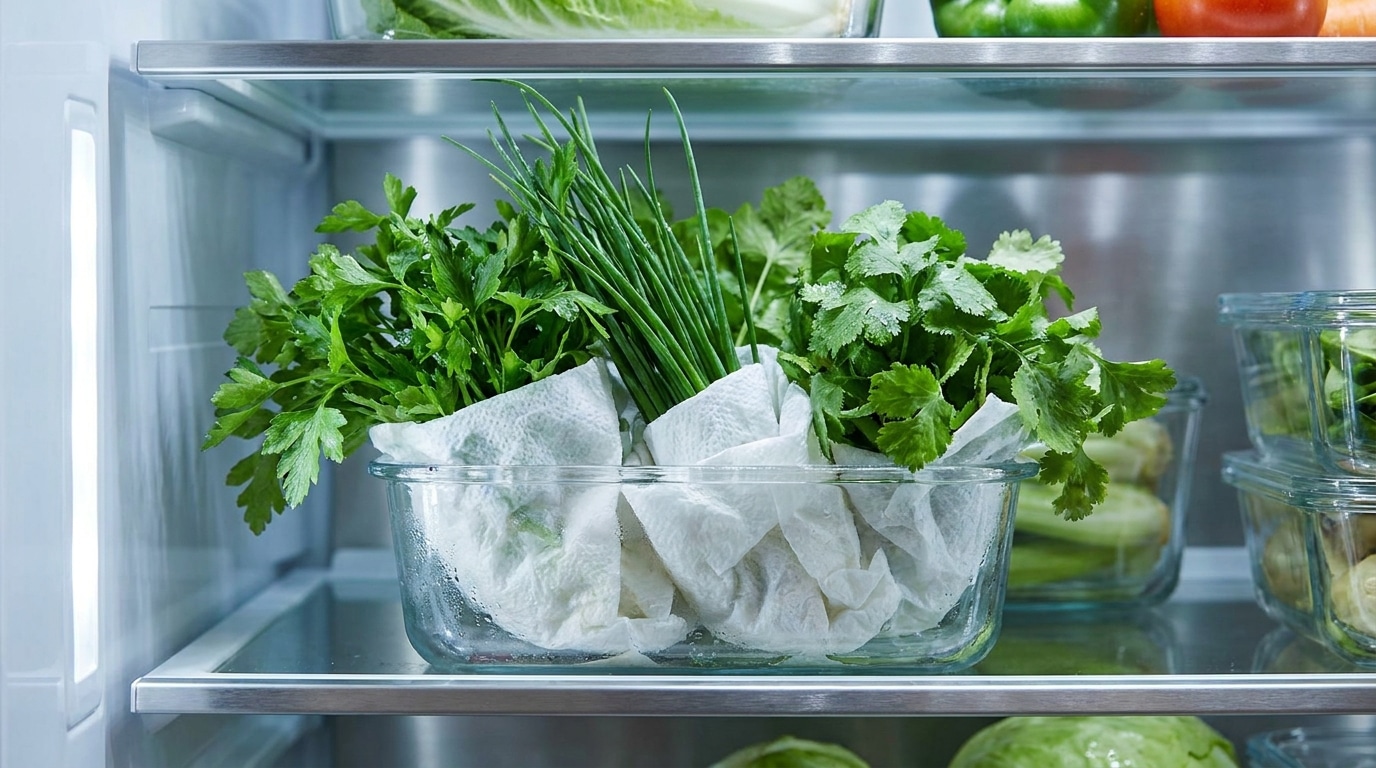 Bottes d'herbes enroulées dans du Sopalin humide au frigo