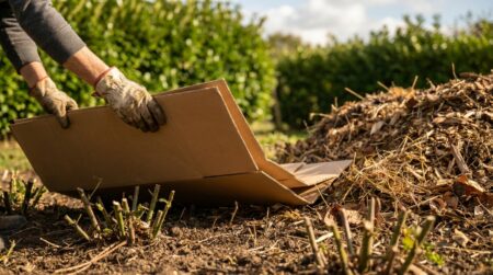 Mains posant des cartons bruns sur un sol après débroussaillage