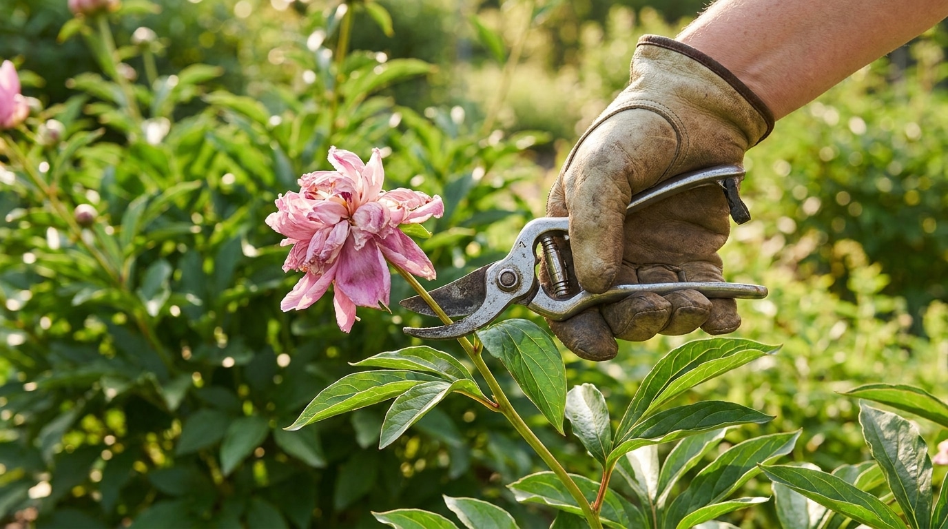 Sécateur coupant une fleur de pivoine fanée au-dessus du feuillage