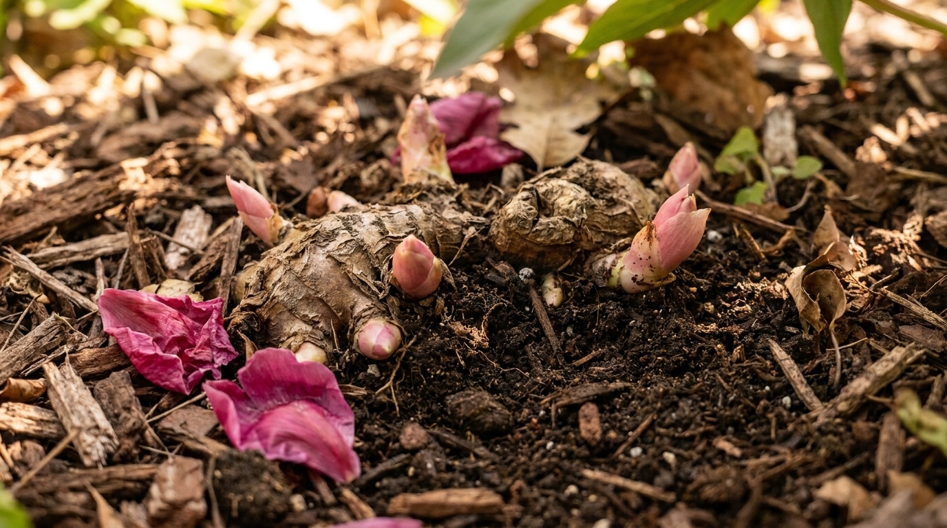 Rhizome de pivoine avec bourgeons roses émergeant de la terre