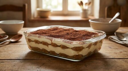 Tiramisu italien aux couches nettes dans un plat en verre