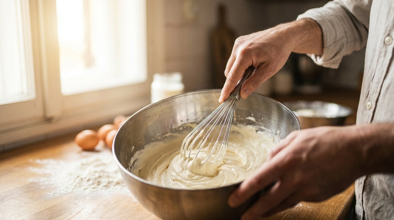 Mains fouettant du mascarpone dans un bol en cuisine