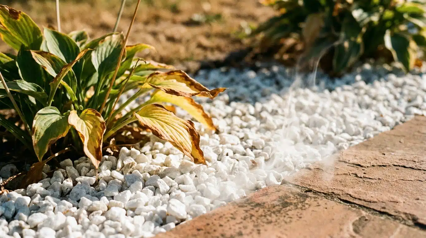 Gravier blanc autour d'une terrasse avec plante aux feuilles brûlées